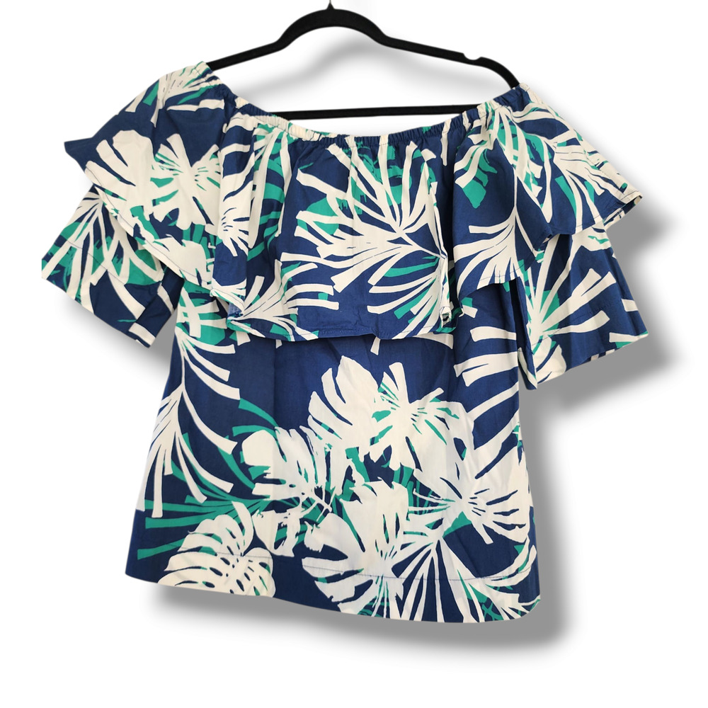 Alpha Studio NWT boho top 100% cotton ruffle top tropical‎ size 40 /M blue white